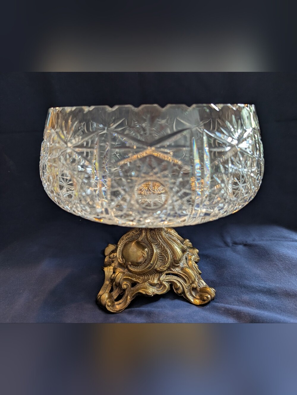 Vintage Cut Crystal Bowl On Metal Pedestal